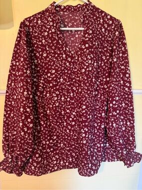 SHEIN Burgundy Floral V-Neck Long Sleeve Blouse